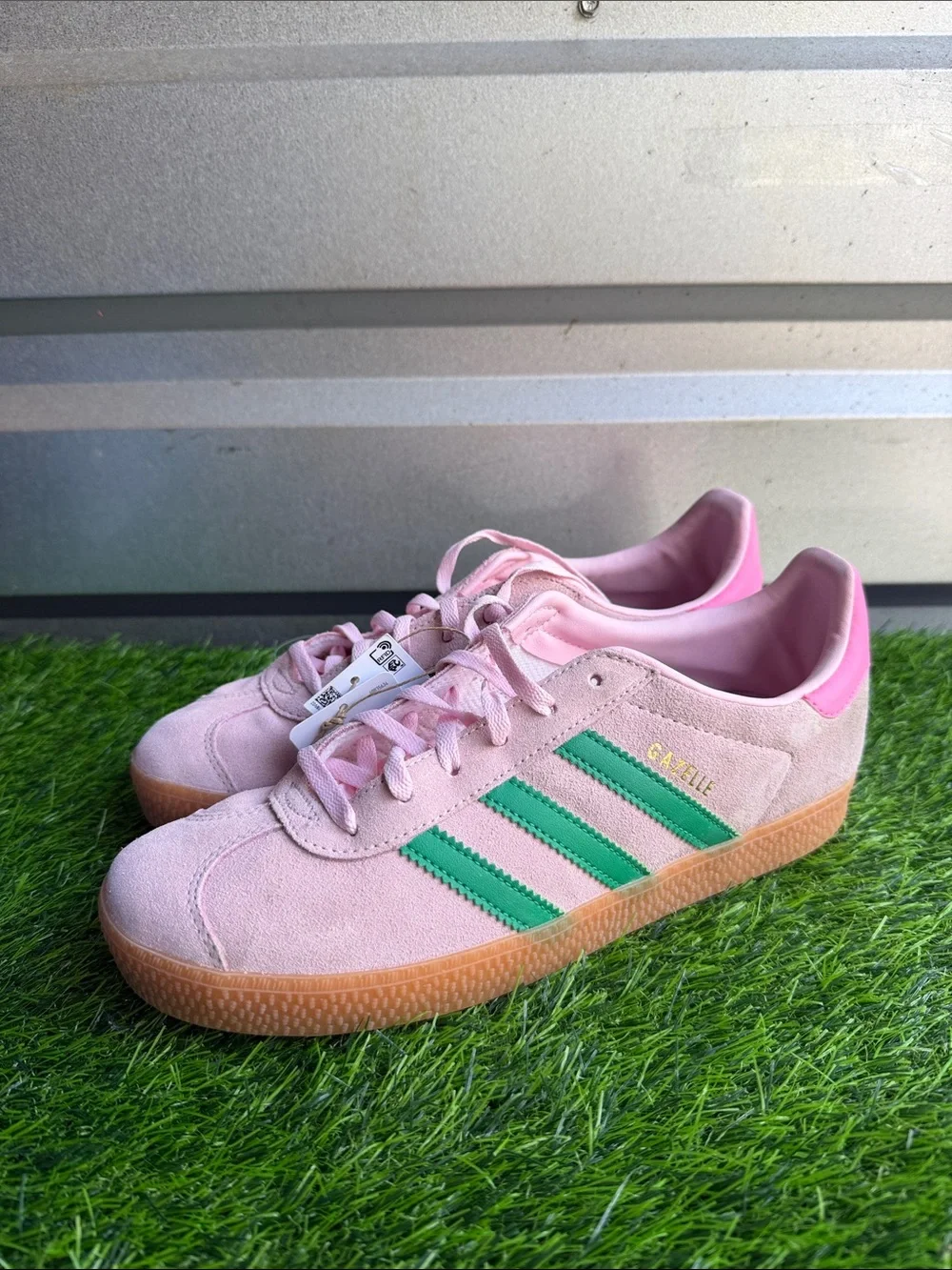 adidas Kids Pink Suede Sneakers with Green Stripes